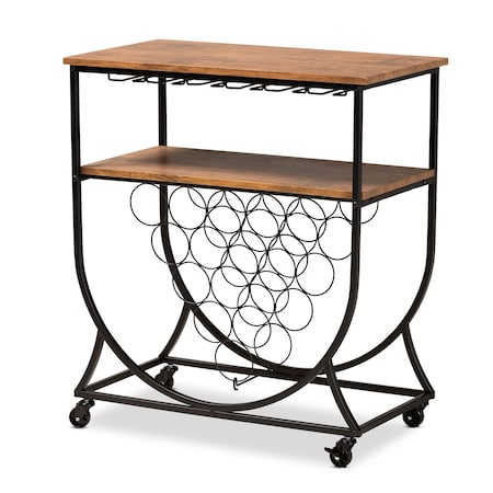Baxton Studio Dania Black Metal and Walnut Finished Wood Mobile Wine Bar Cart 172-10303